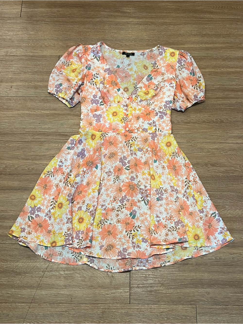 City Studio Floral Puff-Sleeve Dress in Orange & Yellow
